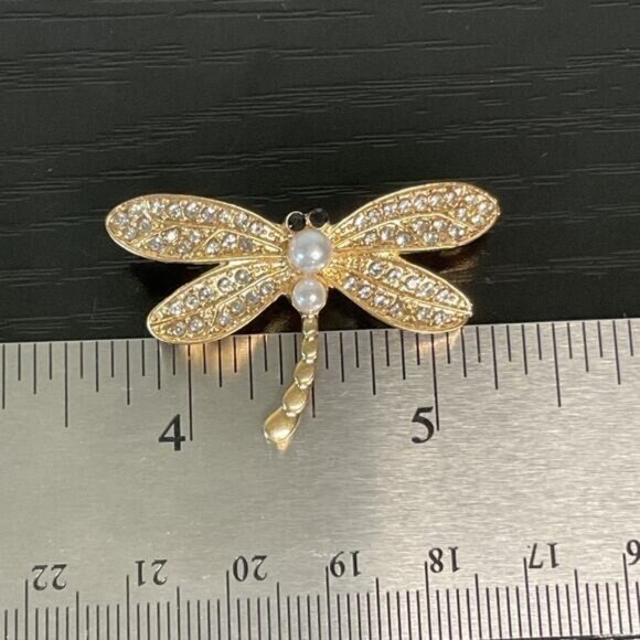 Gold-Tone Rhinestone & Faux Pearl Dragonfly Brooch - Picture 3 of 4